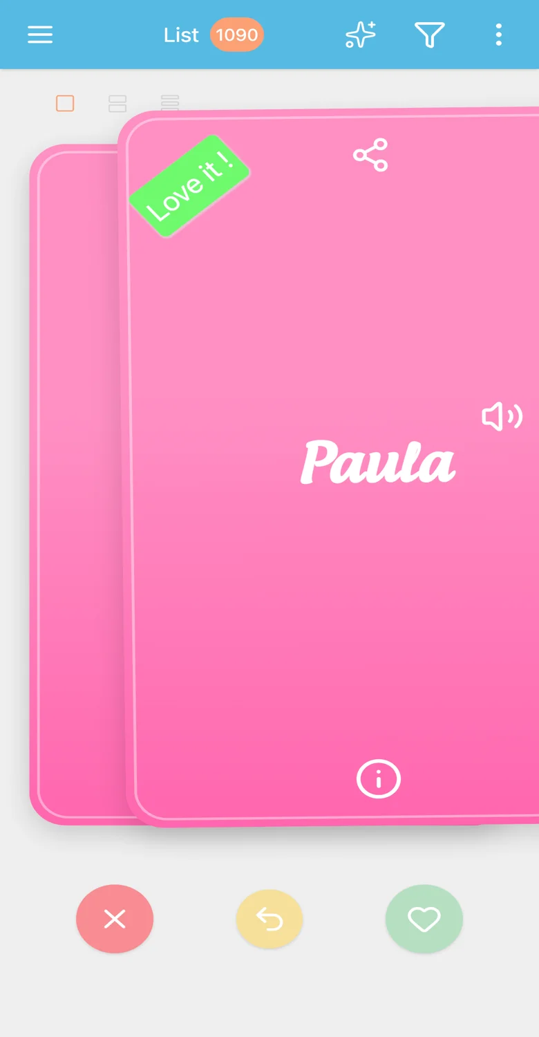A deslizar cartões de nomes de bebé na app Baby Name Together