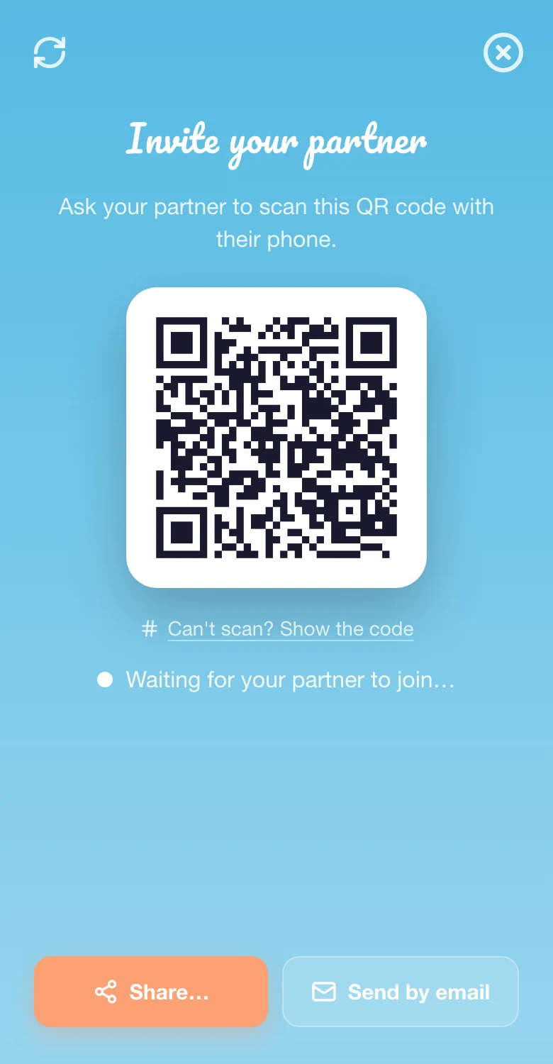 Código QR de convite do parceiro nas Definições de Nome do Bebé a 2